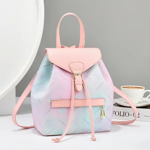 Rainbow gradient soft leather backpack for women with floral patterns and gold hardware