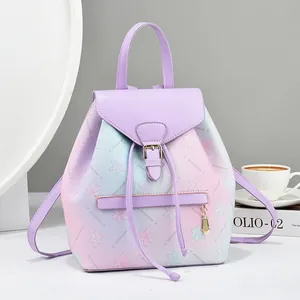 Rainbow gradient soft leather backpack with floral patterns and a gold pendant detail