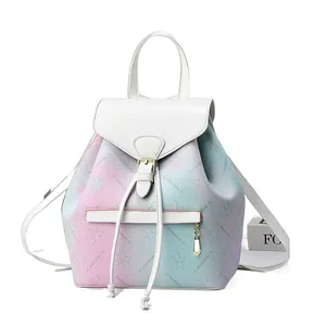 Rainbow gradient soft leather backpack for women with floral pattern and white flap