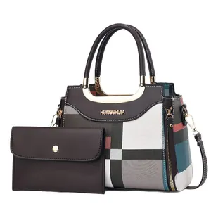 Fashion checkered tote bag set with matching wallet and stylish U-shaped metal handles