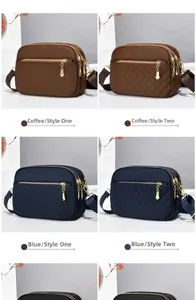 Detailed comparison of brown and blue quilted and plain crossbody bags with three zippers