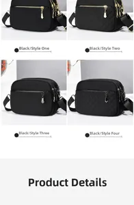 Detailed comparison of four black quilted nylon crossbody bags with multi-zipper pockets