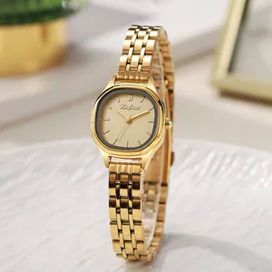 Elegant gold quartz watch with a rectangular dial and luxury stainless steel bracelet