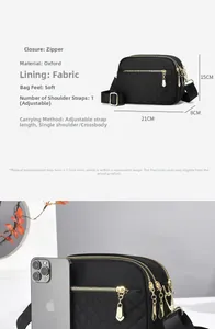 Detail view of quilted crossbody bag with triple zippers and 21x15x8cm size dimensions