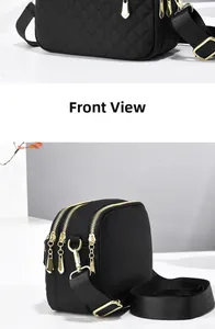 Front view of quilted black nylon shoulder bag and three-layer zipper camera bag with gold hardware