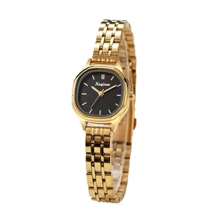 Elegant gold stainless steel watch for women featuring a minimalist black square dial