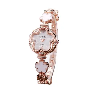 Montre à quartz élégante en forme de fleur en or rose avec diamants pour femmes