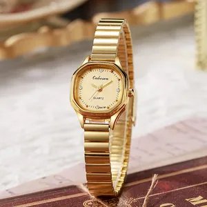 Elegant gold octagonal quartz watch for women featuring a retro stainless steel stretch band