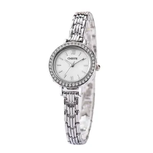 Elegant women's silver quartz watch with diamond-encrusted bezel and mother-of-pearl dial