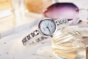 Detailed macro shot of a silver chain strap quartz watch with a radial pattern dial
