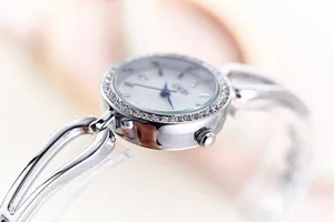 Macro shot of Gedi women's silver watch with diamond bezel and blue hands detail