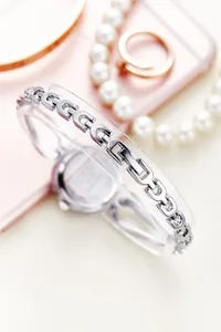 Detail view of the silver metal chain strap and polished back of a luxury lady's watch