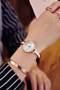 Détail d'un coffret montre quartz pour femme avec bracelet à vis de luxe et bague clou