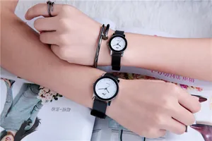 Detail view of minimalist JWW quartz watches with black bands and silver cases on model wrist