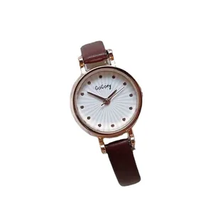Elegant ladies quartz watch with rose gold case, sunburst white dial, and brown leather strap