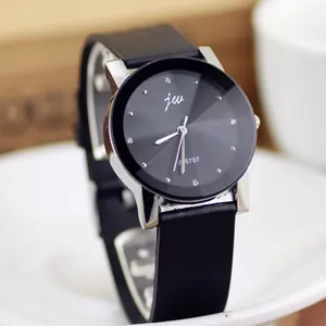 Minimalist black leather watch with silver metal case and luxury black dial for couples