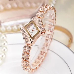 Elegant Women Fashion Bracelet Watch Rose Gold Alloy Rhinestone Inlaid Leaf Shape Quartz Wristwatch Luxury Jewelry Watch