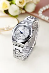 Detail view of GEDI silver multi-function watch with sunray dial and steel bracelet
