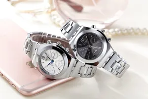 Detailed shot of GEDI silver quartz watches with multi-dial display and steel strap