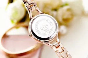Close-up of GEDI watch back showing stainless steel back and water resistant engraving