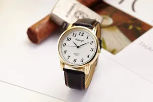 Men's quartz watch with gold case, white dial, black leather strap and orange stitching