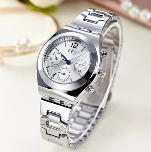 Elegant silver stainless steel quartz watch for women with multi-functional sub-dials