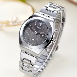 Women's silver waterproof quartz watch with grey sunray dial and steel bracelet strap