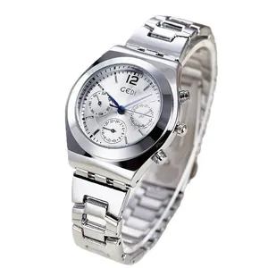 Women's silver waterproof quartz watch with three-eye steel band and elegant dial