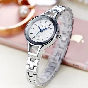 GEDI luxury silver steel women's quartz watch with blue hands and white textured dial