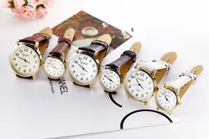 Matching couple quartz watches with leather straps and gold cases in three colors