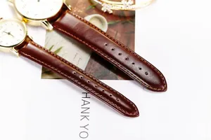 Detail of brown litchi leather straps and gold cases of classic quartz couple watches