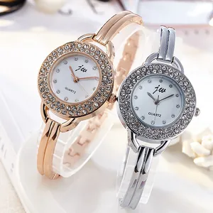 Women Fashion Quartz Wristwatch Elegant Rhinestone Double Bezel Alloy Case Stainless Steel Bangle Strap Jewelry Dress Watch For Lady