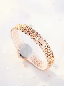 Detailed macro view of rose gold steel watch strap with polished stainless steel back