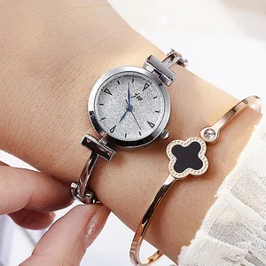Elegant ladies fashion quartz watch with silver glitter dial and metallic bangle strap