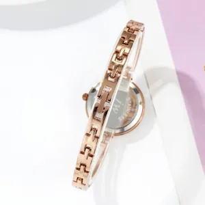 JW elegant rose gold women's watch with stainless steel H-link bracelet from side view