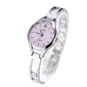 Elegant silver steel bracelet watch with round pink dial and Roman numerals for women