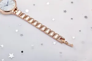 Detail of rose gold metal watch band with square links and polished finish