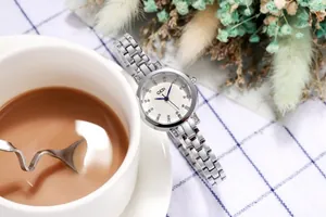 Close-up of women's silver quartz watch with blue hands and crystal dial markers