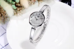 Detailed macro shot of silver glitter dial and polished metal bangle on a women's watch