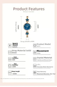 Detailed specs of stainless steel watch with blue star dial and 25mm case size