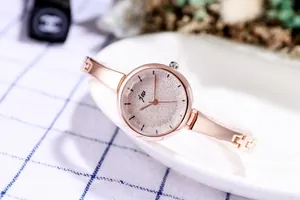 Detail of rose gold fashion watch with pink glitter dial and bangle strap on white plate