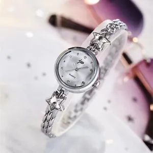Elegant silver chain quartz watch for women with star crystals and a grey diamond dial