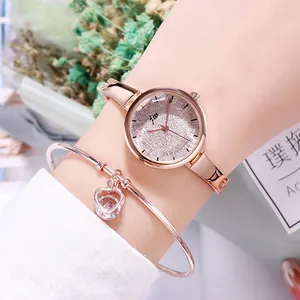 Elegant rose gold women's watch set with glitter dial and heart pendant bracelet