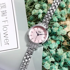 Elegant ladies quartz watch with silver steel strap, pink dial and sparkling rhinestone markers