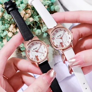 Süße Katzenohr Damen Quarzuhr Mit PU Lederarmband Roségold Legierung Gehäuse Mode Armbanduhr Für Mädchen Täglich