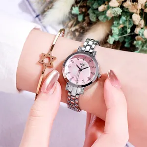 Fashion waterproof women's quartz watch with pink dial and starry gold bracelet set