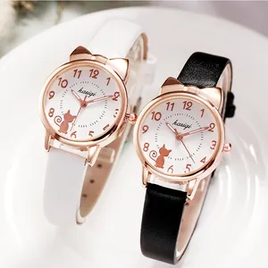 Süße Katzen-Quarzuhr mit roségoldenen Ohren und weichem Lederarmband für Damen