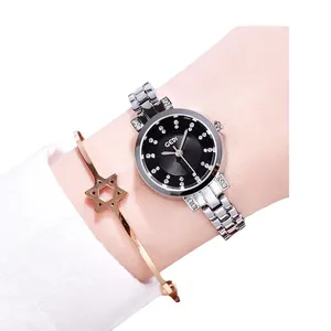 Fashion waterproof women's silver watch with black rhinestone dial and star bracelet