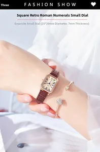 Detail of square vintage watch with roman numerals and brown leather strap on wrist