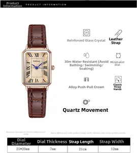 Detailed specs of the rectangle quartz watch featuring 30M water resistance and leather strap
